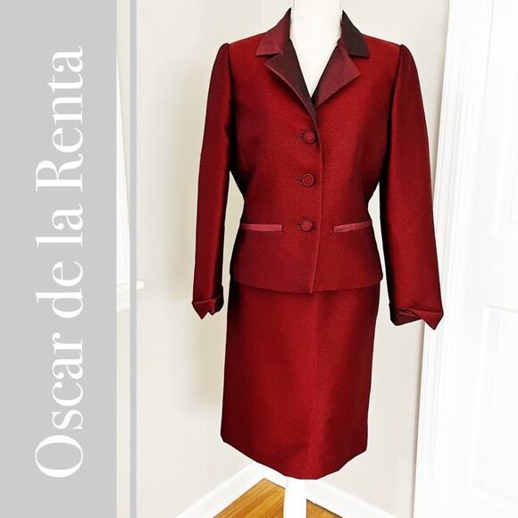 Vintage Oscar de la Renta Red Brocade Silk Skirt Suit Pink Label